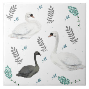 Fairytale Swan Illustration Folk Botanische Schwän Fliese