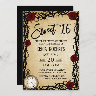 Fairytale Sweet 16 Vintage Rote Rose & Thorn Einladung