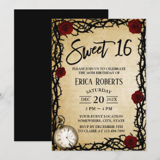 Fairytale Sweet 16 Vintage Rote Rose & Thorn Einladung