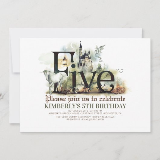 Fairytale Unicorn Dragon Magic Castle 5. Geburtsta Einladung (Vorderseite)