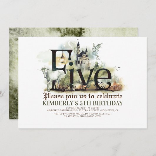 Fairytale Unicorn Dragon Magic Castle 5. Geburtsta Einladung (Vorne/Hinten)