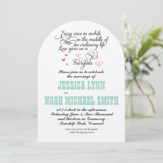 FairyTale Whimsical Hearts Mint Coral Love Bird Einladung (Stehend Vorderseite)