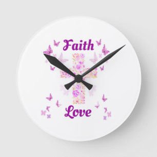 Faith and Love Cross of Roses with Pink Butterflie Runde Wanduhr