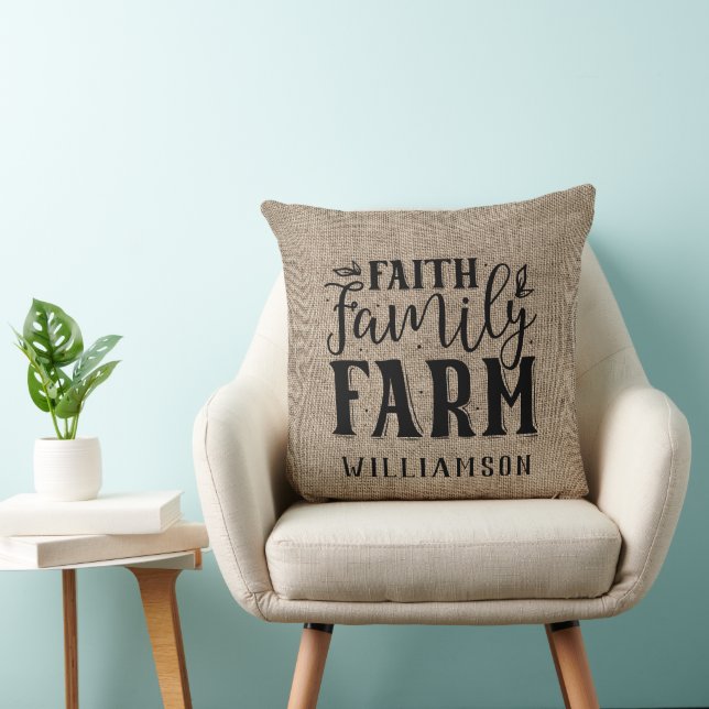 Faith Family Farm Burlap Familienname Pillow Kissen (Stuhl )