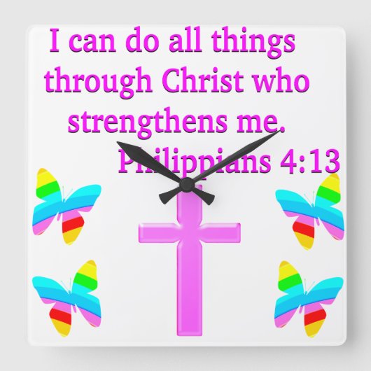 FAITH FILTED PHILIPPIANS 4:13 DESIGN QUADRATISCHE WANDUHR (Vorderseite)