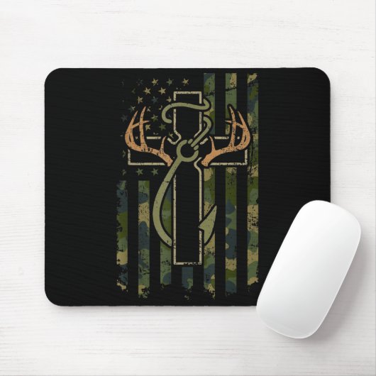Faith Fishing Hunting Camo Us Flag Cross With Hook Mousepad (Mit Mouse)