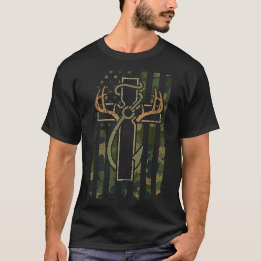 Faith Fishing Hunting Camo Us Flag Cross With Hook T-Shirt (Vorderseite)