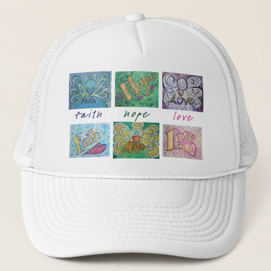 Faith Hope Liebe Angel Word Collage Hat oder Cap Truckerkappe (Vorderseite)
