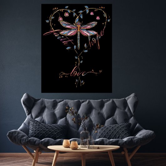 Faith Hope Liebe Dragonfly Floral Heart Black Poster