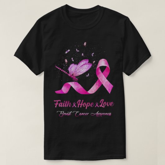 Faith Hope Liebe Dragonfly Ribbon Brustkrebs Awa T-Shirt (Design vorne)