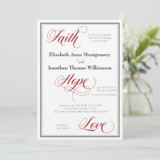Faith Hope Liebe Graceful Script Wedding Einladung (Stehend Vorderseite)