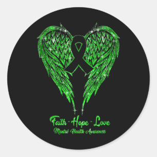 Faith Hope Liebe Wings Ribbon Green Mental Health Runder Aufkleber