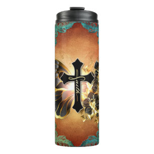 Faith-Schmetterling mit Gold und Aquamarinem Hinte Thermosbecher