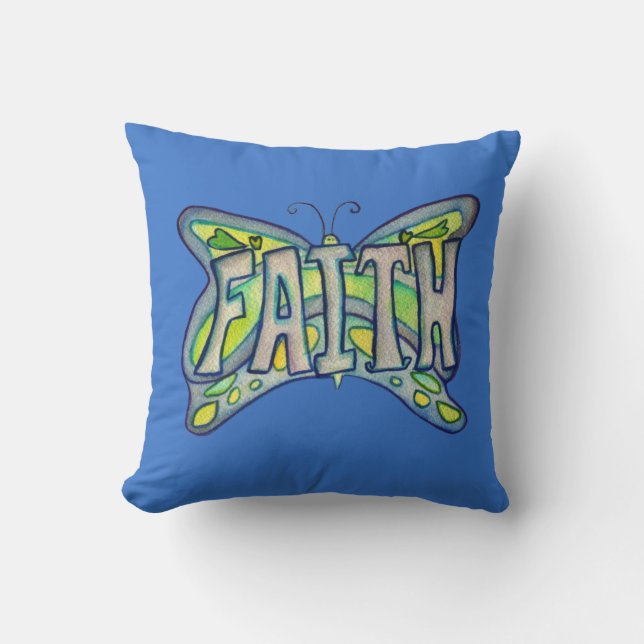 Faith Word Art Blue Butterfly Accent Throw Pillows Kissen (Vorderseite)