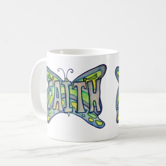Faith Word Art Blue Butterfly Wings Coffee Cup Kaffeetasse (Vorderseite Links)