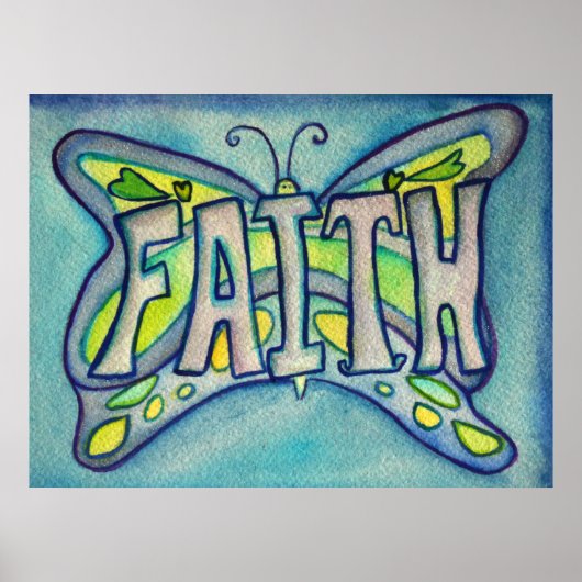 Faith Word Blue Butterfly Art Print Poster (Vorne)