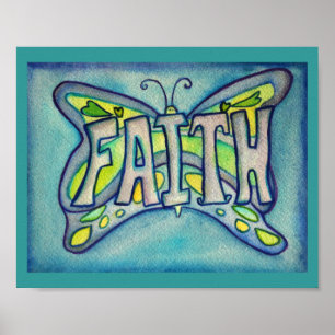 Faith Word Blue Butterfly Art Print Poster