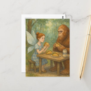 Faiy and Sasquatch Eating Tacos Fantasy Art Postkarte