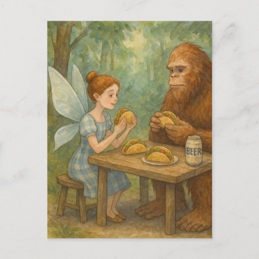 Faiy and Sasquatch Eating Tacos Fantasy Art Postkarte (Vorderseite)