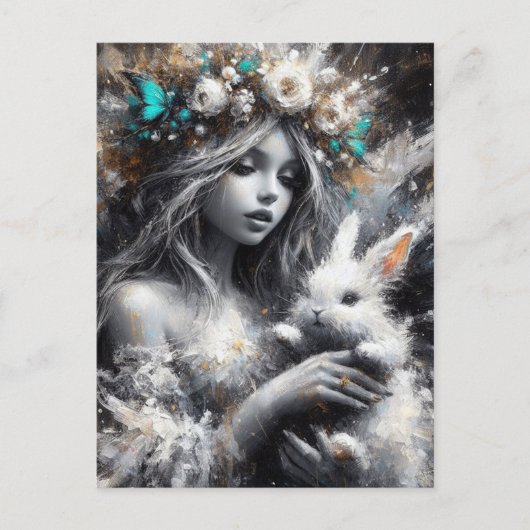 Faiy und ihr Niedliches weißes Kaninchen Postkarte (Vorderseite)