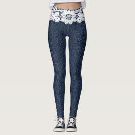 Fake Blue Jeans White Lace Denim Leggings