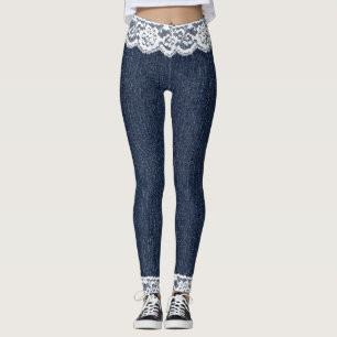 Fake Blue Jeans White Lace Leggings