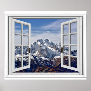 Fake-Fenster mit schneebedeckten Bergspitzen Poster