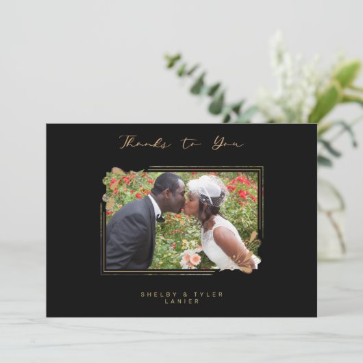 Fake Golden Branches Fancy Calligraphy Photo Dankeskarte (Stehend Vorderseite)