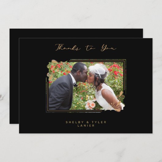 Fake Golden Branches Fancy Calligraphy Photo Dankeskarte (Vorne/Hinten)