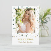 Fake Golden Snowflake Foto Quinceañera Spanisch Einladung (Stehend Vorderseite)