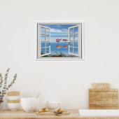 Fake mit Blick auf den Ozean mit Flamingos am Stra Poster (Küche)