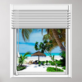 Fake mit Blinds und Blick auf das blaue Meer Poster