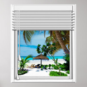 Fake mit Blinds und Blick auf das blaue Meer Poster