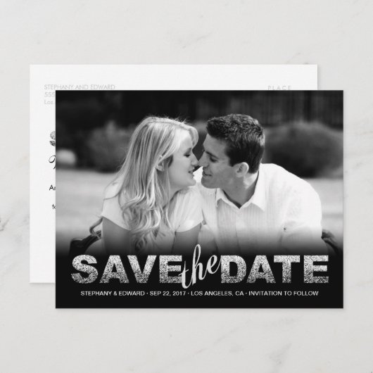 Fake Silver Glitzer Save the Date Foto Postkarte (Vorne/Hinten)