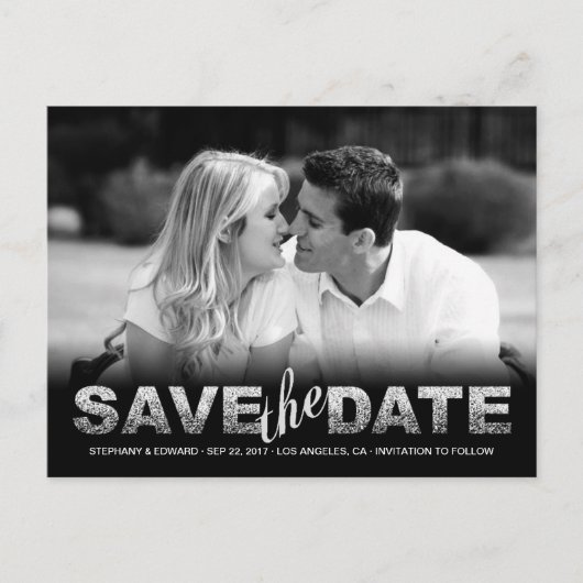 Fake Silver Glitzer Save the Date Foto Postkarte (Vorderseite)