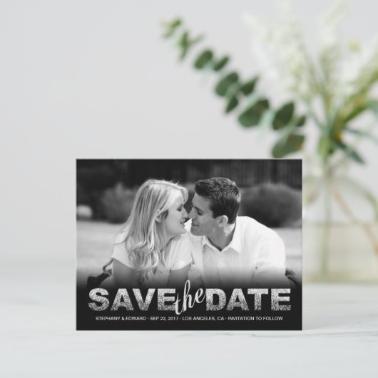 Fake Silver Glitzer Save the Date Foto Postkarte (Stehend Vorderseite)