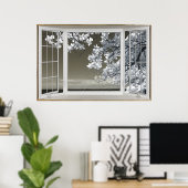 Fake Window Illusion - Ominrot-weiße Blossom-Ansic Poster (Heimbüro)