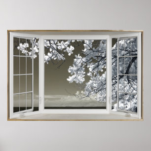 Fake Window Illusion - Ominrot-weiße Blossom-Ansic Poster