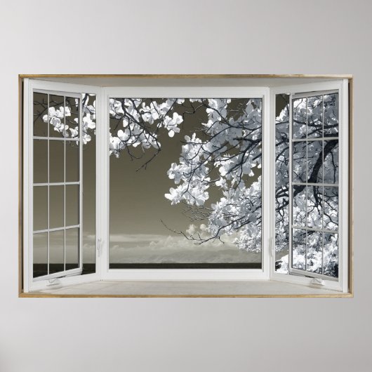 Fake Window Illusion - Ominrot-weiße Blossom-Ansic Poster (Vorne)