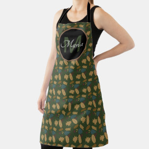 Fall Acorn und Blätter Grünes Muster Monogramm Schürze