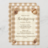 Fall Acorns Pine Cones Brown Gingham Erntedank Einladung (Vorne/Hinten)