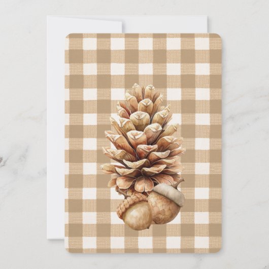 Fall Acorns Pine Cones Brown Gingham Erntedank Einladung (Rückseite)