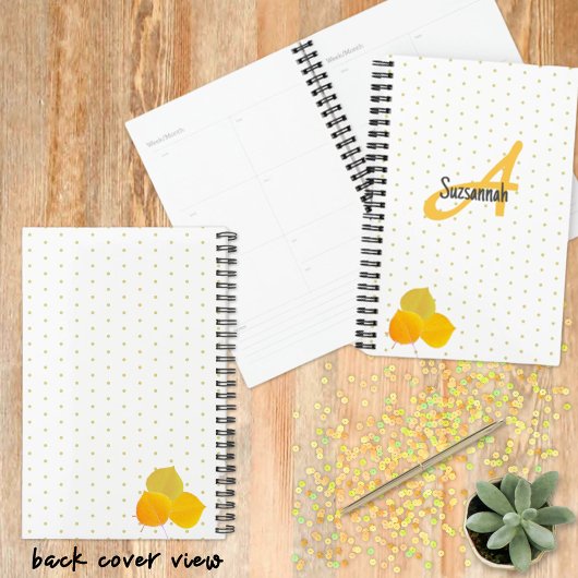 Fall-Aspens-Blätter und Monogram-Polka-Punktmuster Planer