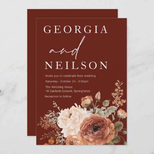 Fall Autumn Floral Modern Wedding Einladung (Vorne/Hinten)