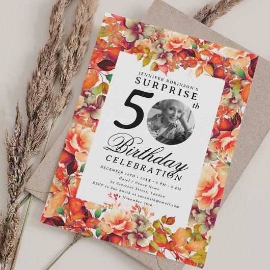 Fall Autumn Floral Photo SURPRISE 50th Birthday  Einladung