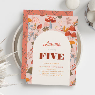 Fall/Autumn Mushroom & Wildflower Pink Birthday Einladung