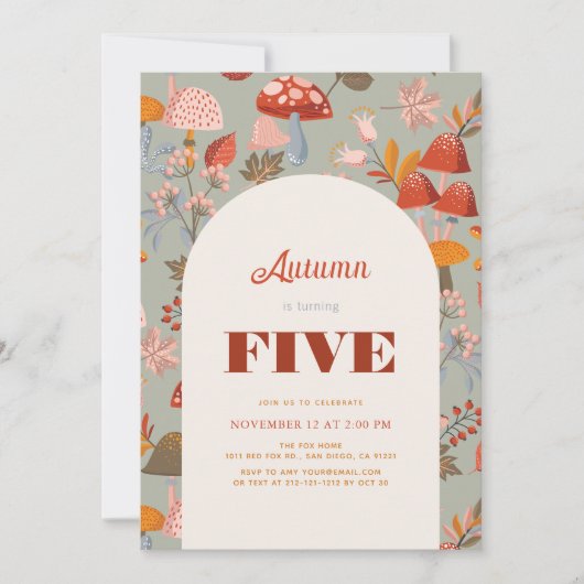 Fall/Autumn Mushroom & Wildflower Sage Birthday Einladung (Vorderseite)