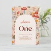 Fall/Autumn Mushroom Wildflower Tan 1st Birthday Einladung (Stehend Vorderseite)