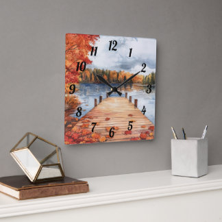 Fall Autumn Nature Lake Trees Landscape Painting Quadratische Wanduhr