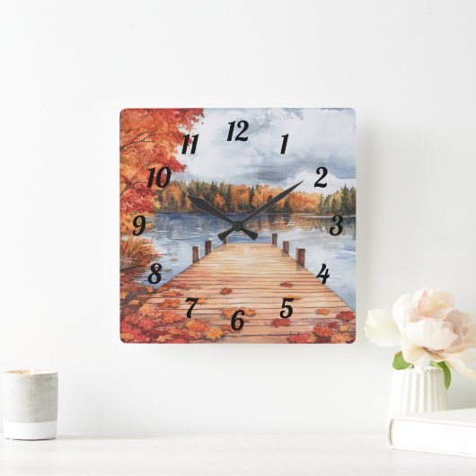 Fall Autumn Nature Lake Trees Landscape Painting Quadratische Wanduhr (Zuhause)